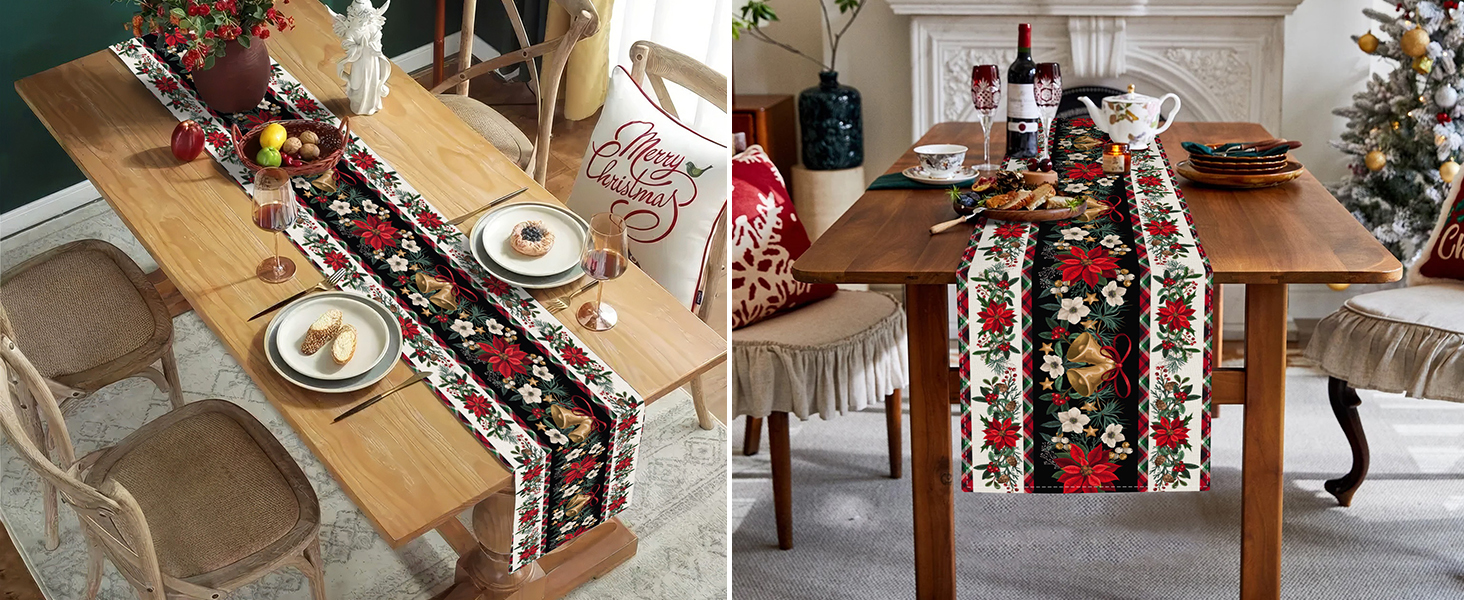 Baccessor Christmas Table Runner Red Poinsettia Bells