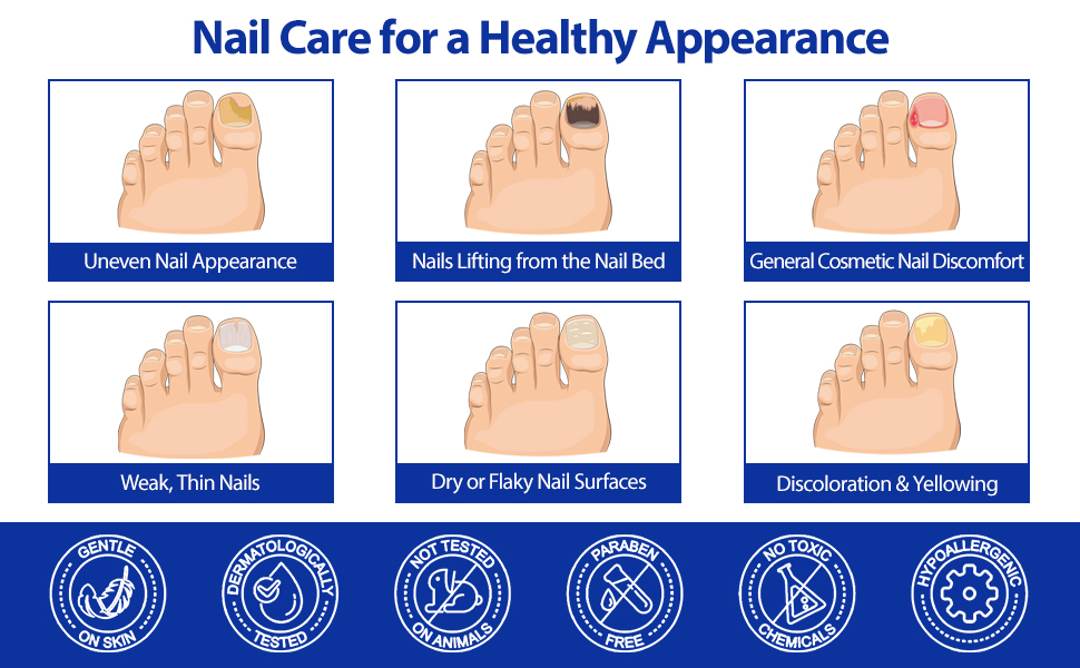 Text reads 'Nail Care for a Healthy Appearance' with six illustrations showing different nail conditions: Uneven Nail Appearance, Nails Lifting from the Nail Bed, General Cosmetic Nail Disorders, Weak/Thin Nails, Dry or Flaky Nail Surfaces, Discoloration & Yellowing.