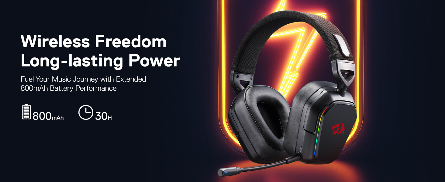 Herní headset s podsvícenými oranžovými akcenty na tmavém pozadí, bezdrátovým připojením a prodlouženou výdrží baterie.