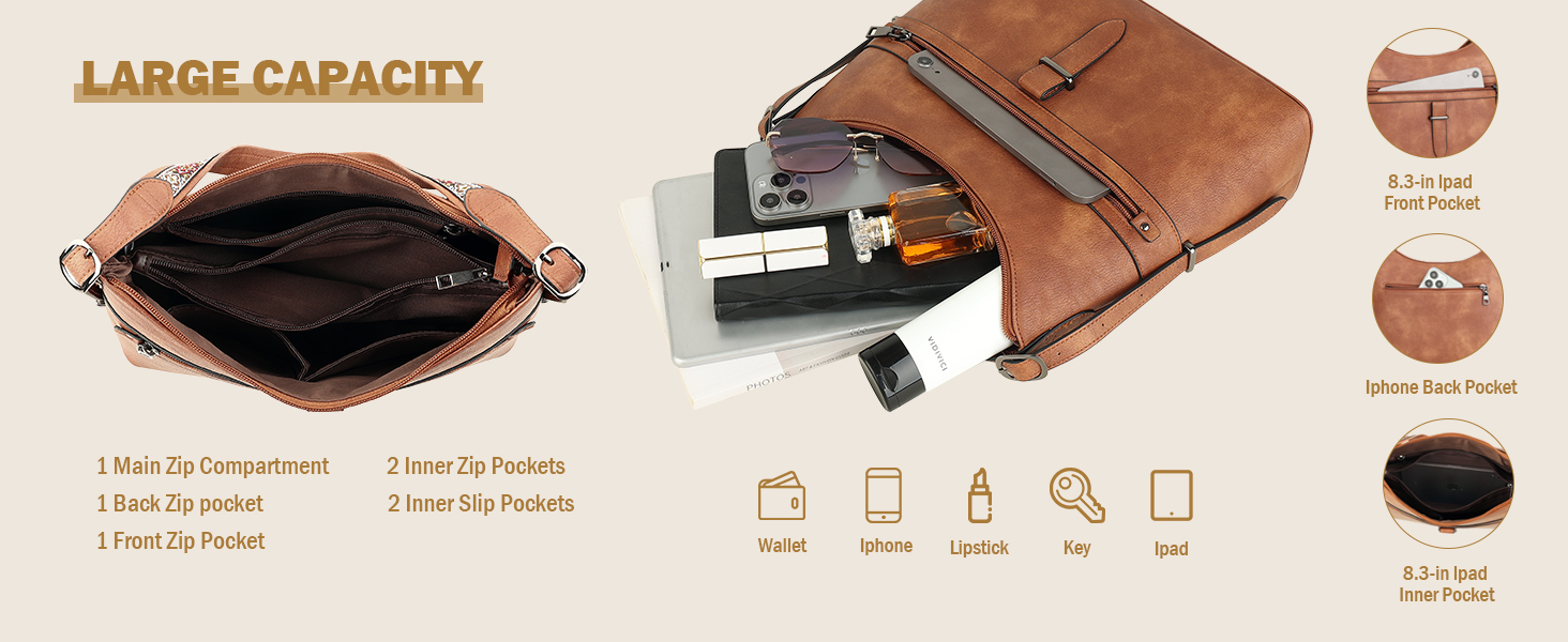 FADEON Sac à main Hobo pour femme en cuir végétalien, sac à bandoulière