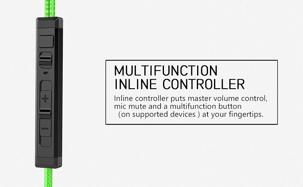 Black multifunction inline controller with multiple buttons and green cable, featuring master volume control, mic mute, and multifunction capabilities.