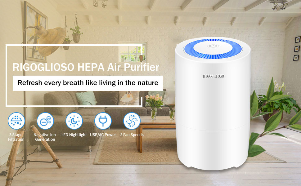 RIGOGLIOSO Air Purifier for Bedroom, HEPA Small Room Air Purifier for Pollen,Smoke,Dust,Odor,Pet
