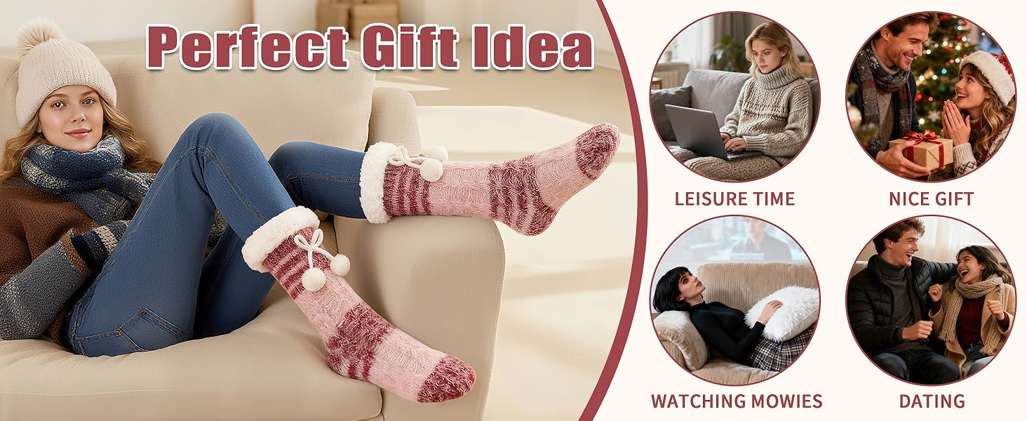Text reads 'Perfect Gift Idea'. Circular collage of cozy winter scenes showing people wearing and using warm knit socks