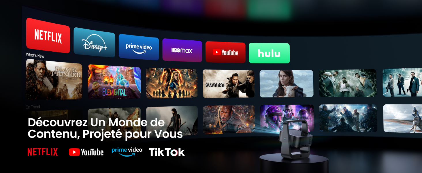 affichant les logos de différentes plateformes et des vignettes de contenu. Le texte mentionne Netflix, Disney+, Prime Video, YouTube, Hulu