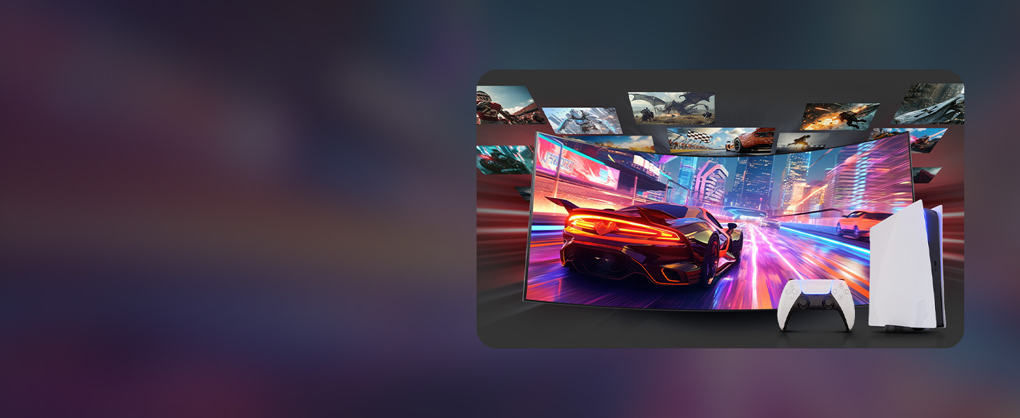 Série d'écrans d'affichage colorés ou d'interfaces numériques présentant des effets d'éclairage éclatants et des graphismes dans des tons violets et roses.