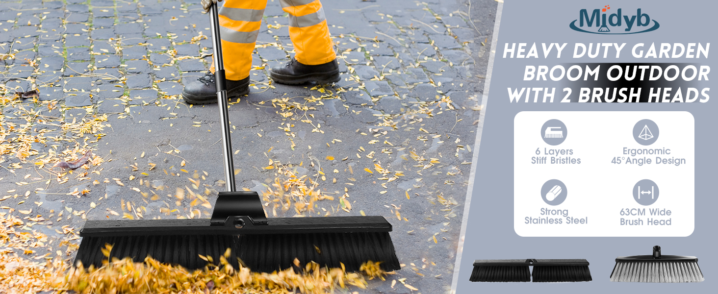 Midyb Yard Brush, Heavy Duty Garden Broom with 63cm Head & Metal Handle