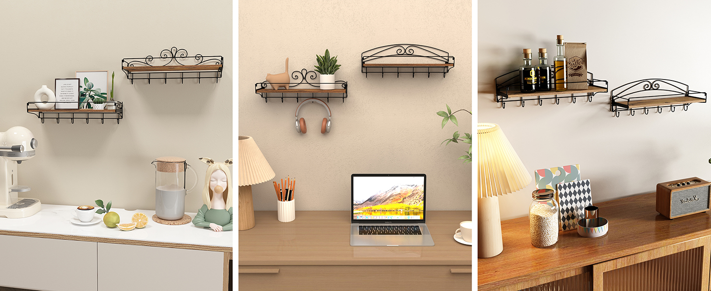 QUTREY Floating Wall Shelves with Hooks, Metal Wire Scroll
