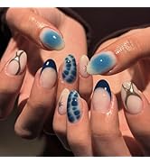 Blue Press on Nails French Tip Fake Nails Short Almond False Nail with Alligator Print Design Blu...