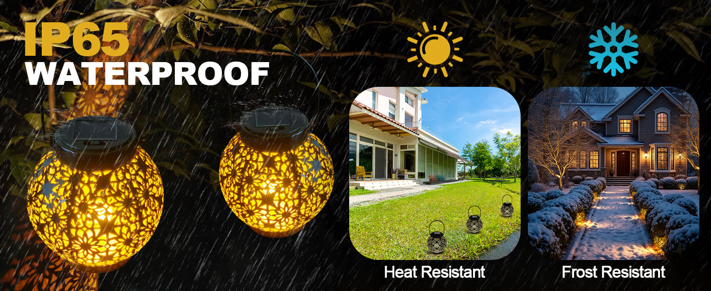 Waterproof outdoor solar lights with crackled glass design, emitting warm yellow light. Images show daytime and nighttime use in garden settings.