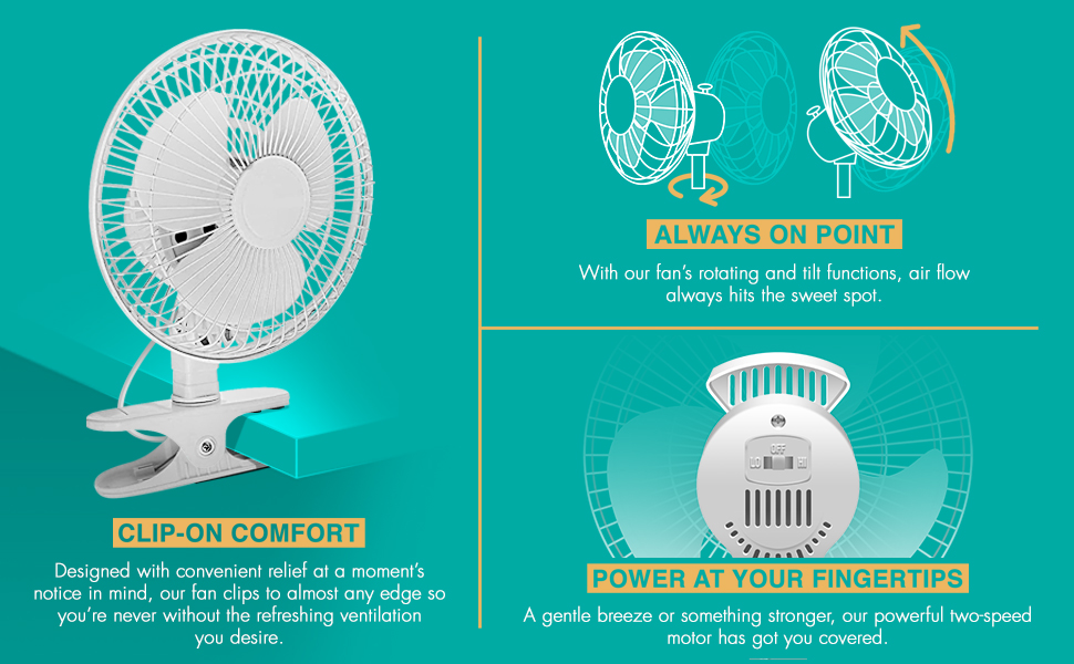 2 Speed Adjustable Tilt, Whisper Quiet Operation Clip-On-Fan with 5 ft Cord and Steel Safety Grill