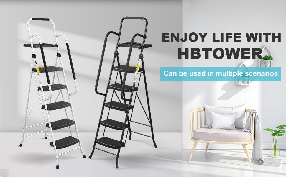 HBTower 5 Step Ladder with Handrails, Folding Step Stool with Tool Platform, 330 LBS/150 kg Load