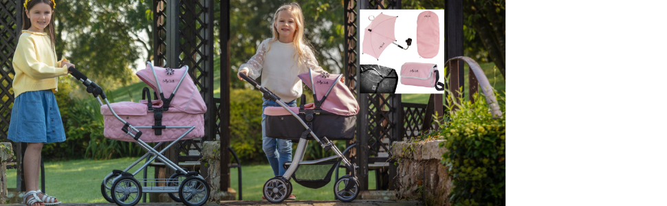 Girls with the Destiny Dolls pram (left) and Connect 5 in 1 dolls pram (right).