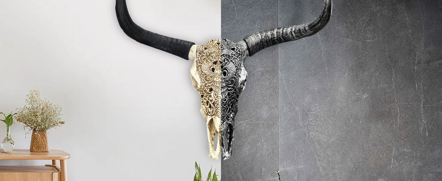 Large Black white Faux Cow Skull Wall Decor with Long Horns - Realistic Resin Bull Head Sculpture 