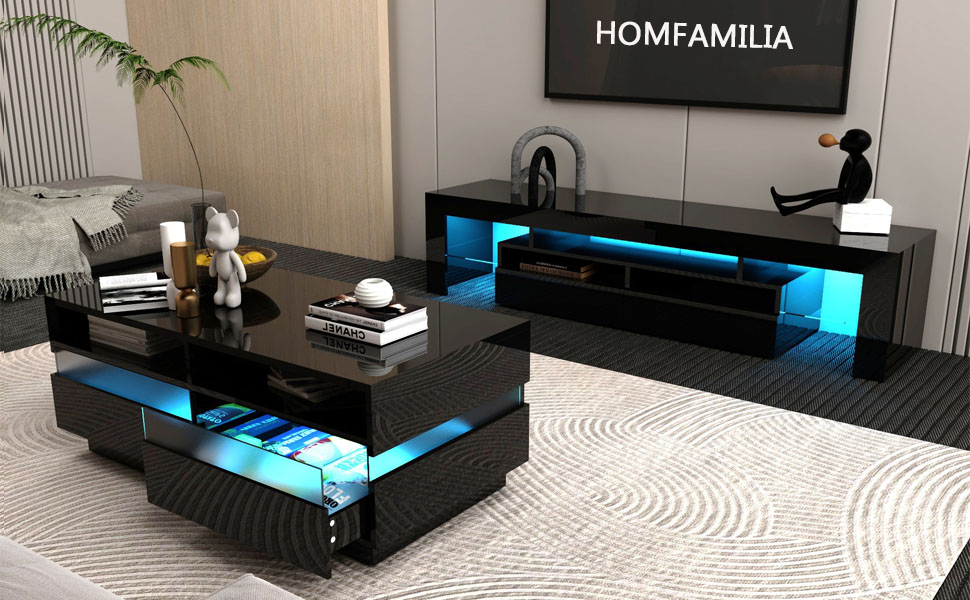 HOMFAMILIA Modern LED Coffee Table, High Glossy Black