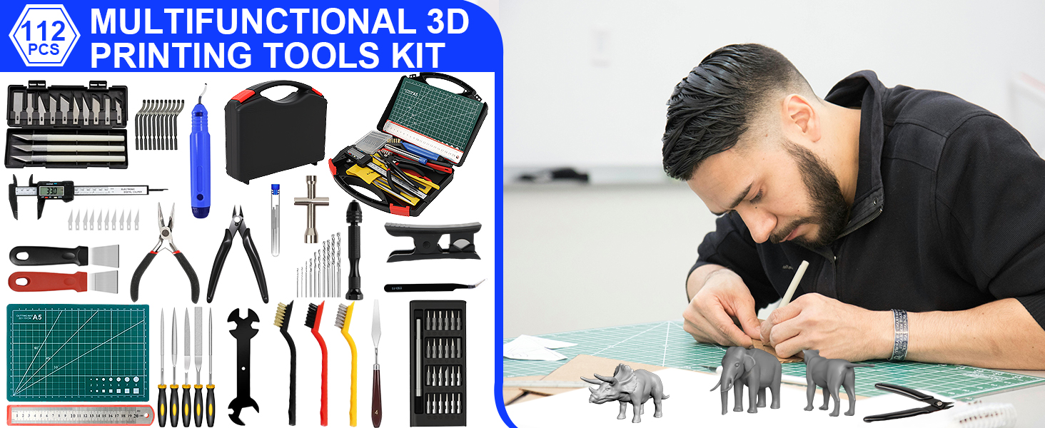 112 PCS 3D Printing Tool Kit, 3D Printer Accessories with Nozzle Cleaning Kit, Deburring Tool, Digital Caliper, Pliers, Wrench Set, Cutting Mat, Tool Bag, for 3D Print Removing, Cleaning, Finishing 3 112 PCS 3D Printing Tool Kit