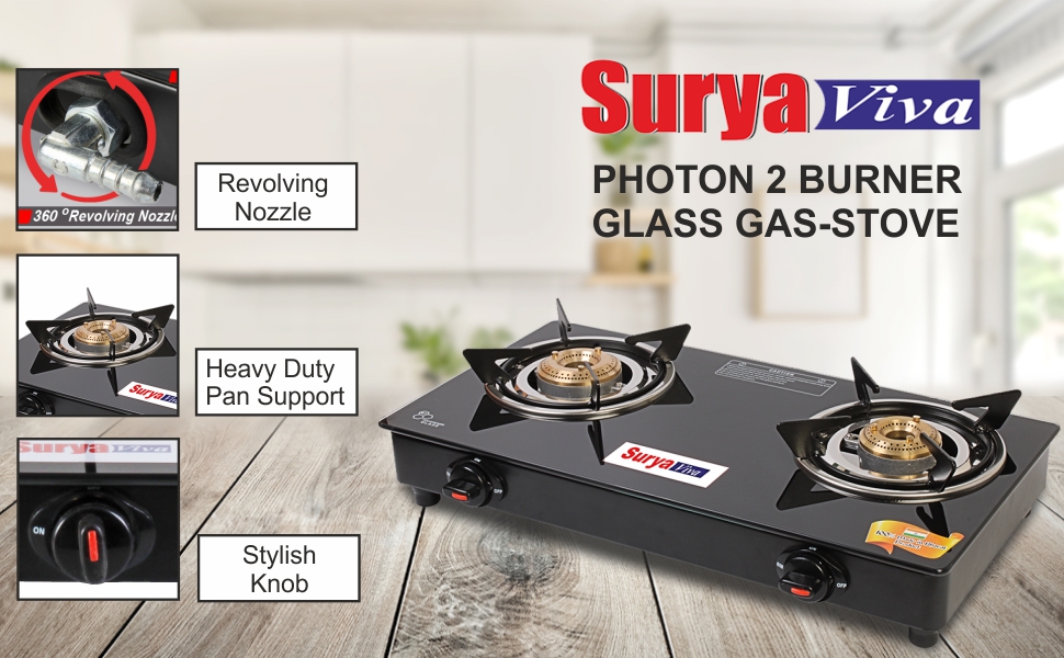 SURYAVIVA PHOTON 2B BK Toughnend Glass 2 Cast Iron Burner steel Gas Stove(Manual,Black) Amazon