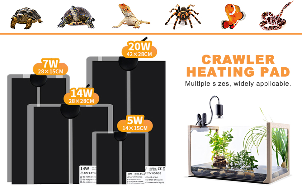 Der Text lautet „CRAWLER“ und „HEATING PAD“ mit „Mehrere Größen, vielseitig einsetzbar“. Produktpalette mit schwarzen Heizkissen mit Symbolen verschiedener Haustiere, darunter Schildkröte, Eidechse und Spinne.