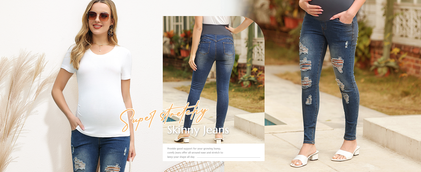 Maacie Women's Maternity Jeans Skinny Butt Lift Slim Stretch Pants Over Belly with 4 Pockets