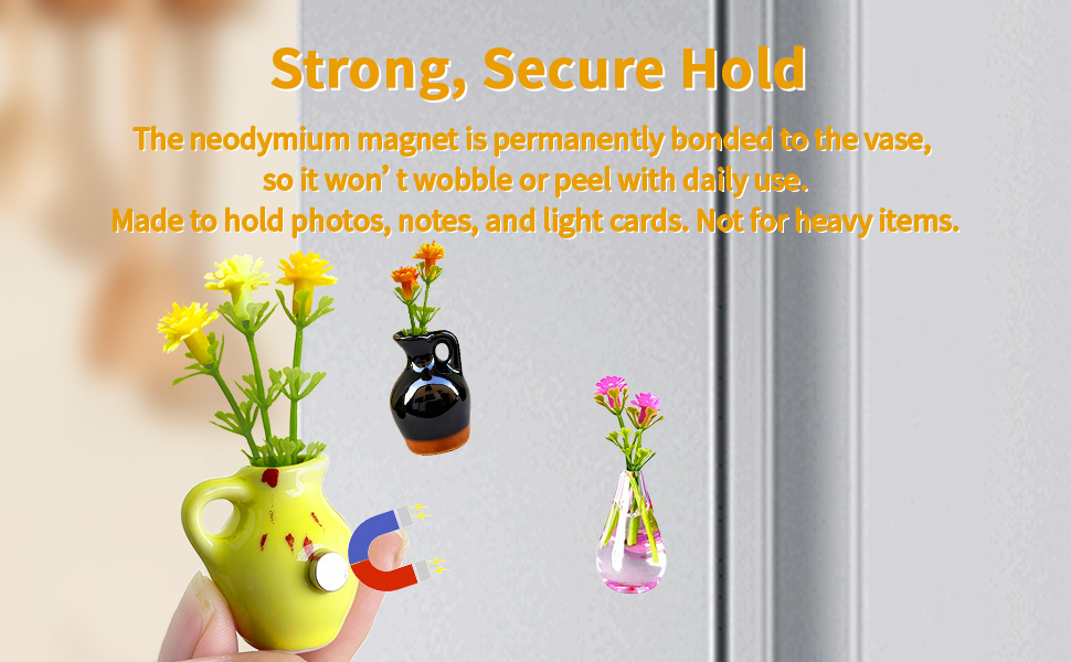 Close-up mini vase magnet with neodymium bond for a strong, secure hold on magnetic surfaces