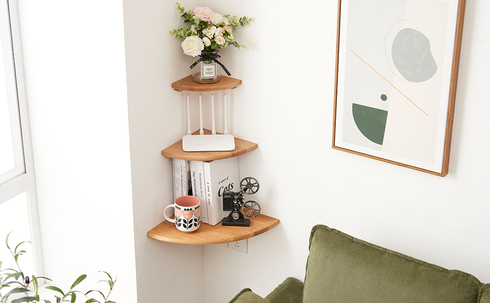 TREOAKWIS Corner Floating Shelves 10 inch, Oak Wood Corner