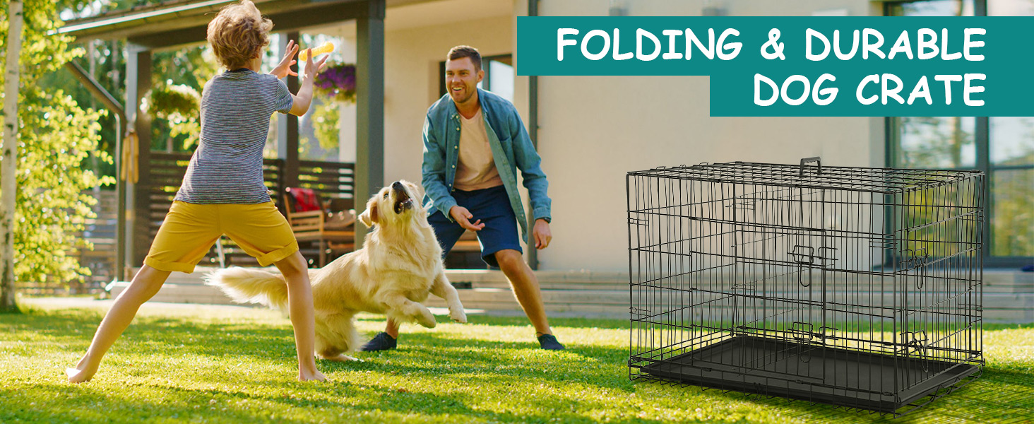 Dog cage and happy family