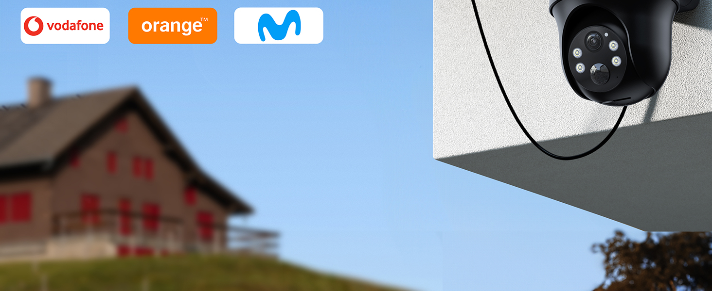 Imagem dividida mostrando os logótipos da operadora móvel (Vodafone, Orange, M) e uma câmara de segurança montada no canto da parede exterior