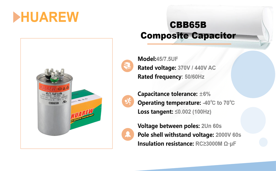 HUAREW 45/7.5 uF 45+7.5 MFD ±6% 370V/440V CBB65B AC