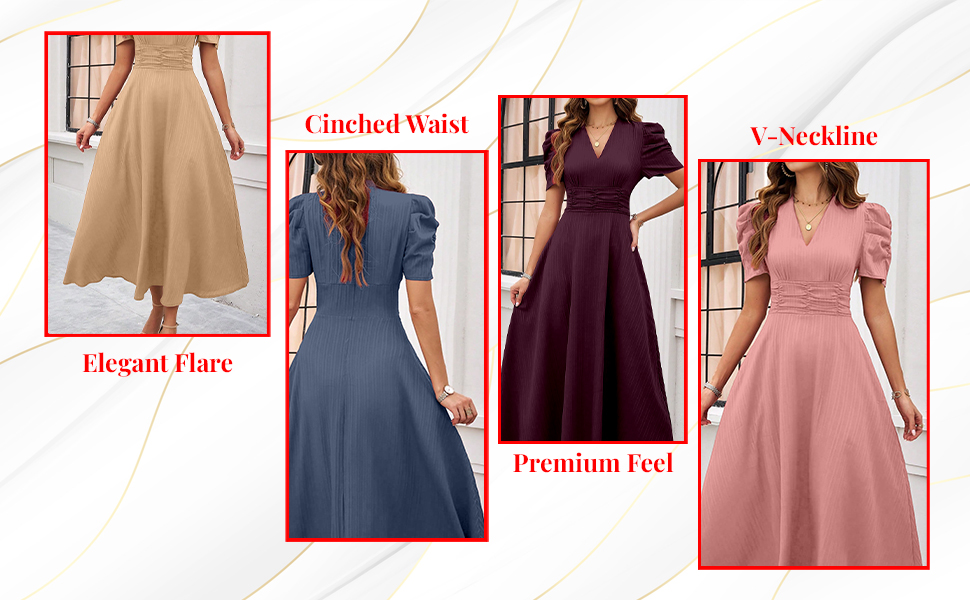 Women's V-Neck Maxi Dress, A-Line Style, Puff Sleeves, Cinched Waist