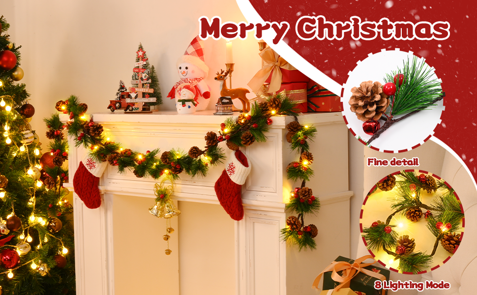 Waipfaru 6.6 Ft Christmas Garland with Lights, Lighted