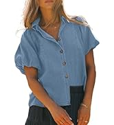 Omoone Puff Sleeve Denim Shirt Women Summer Business Jean Tops Casual Loose Button Down Blouses