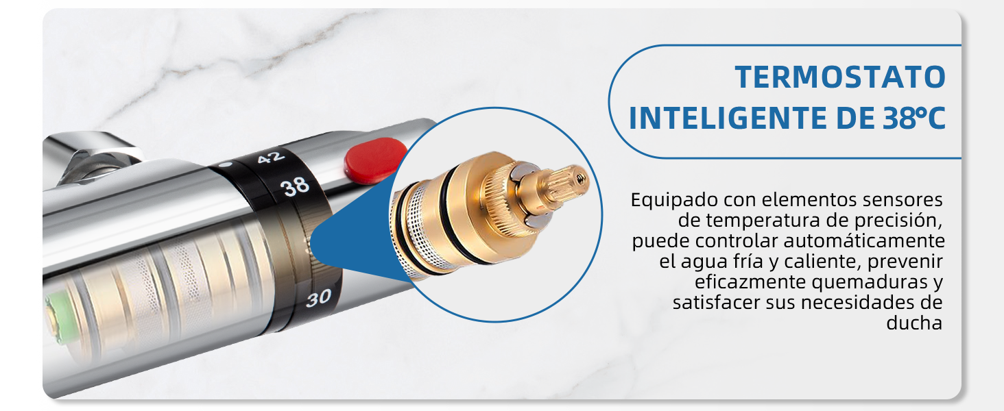 Primer plano de un control termostático inteligente que muestra un ajuste de 38 °C, con texto en español que describe los elementos sensores de temperatura y