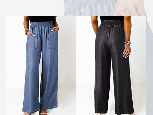 Dokotoo Womens Jeans Ruffled Smocked High Waist Straight