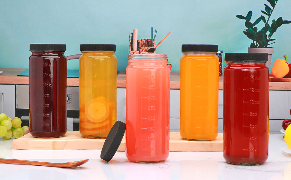 Salzesfalls 16oz Glass Juice Bottles with Lids,Reusable