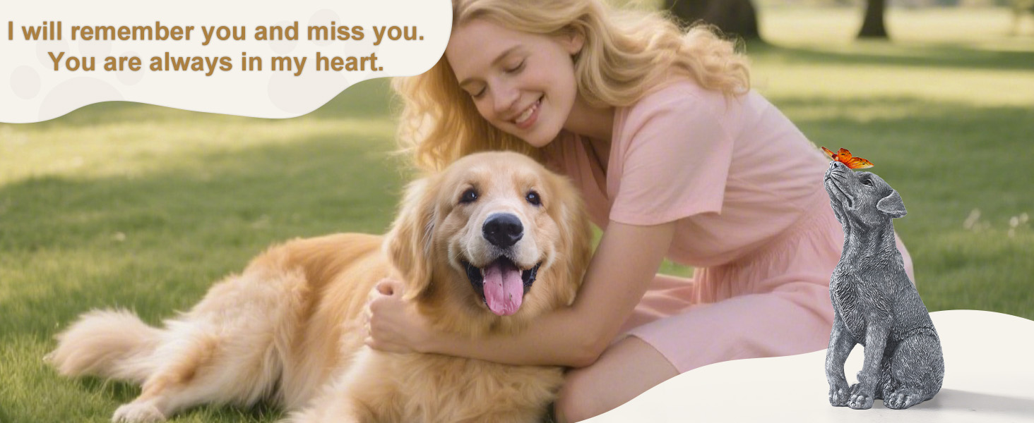 Text reads: 'I will remember you until I stop breathing. You are always in my heart.' Outdoor scene on grass with golden retriever and decorative statue.