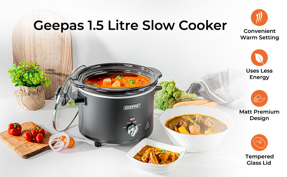 Geepas 1.5 Litre Slow Cooker 3 Temperature Settings, Removable Easy
