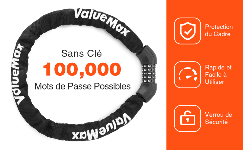 ValueMax Chaîne Antivol Vélo à Code De 1000 Mm 8 Mm Avec 5 Chiffres Mot De Passe, Cadenas à Vélo En Acier Trempé Haute Sécurité Pour Vélo, Moto, Porte, Portail 12 3