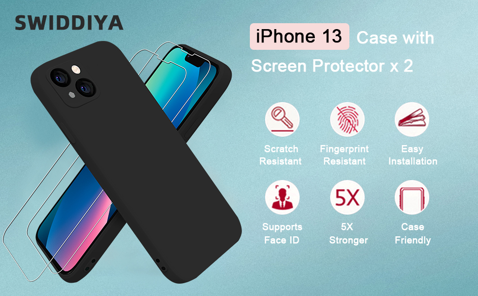 For iPhone 13 Case with Screen Protector (2 Pack Tempered Glass