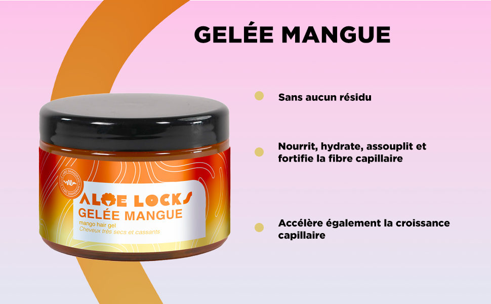 Aloe Locks Gelée Mangue. Gel parfumé à la mangue pour nourrir, hydrater et renforcer les fibres capillaires. Favorise la pousse des cheveux.