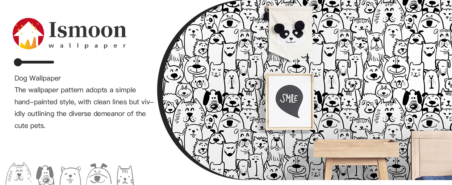Ismoon Peel and stick wallpaper black and white dog wallpaper puppy