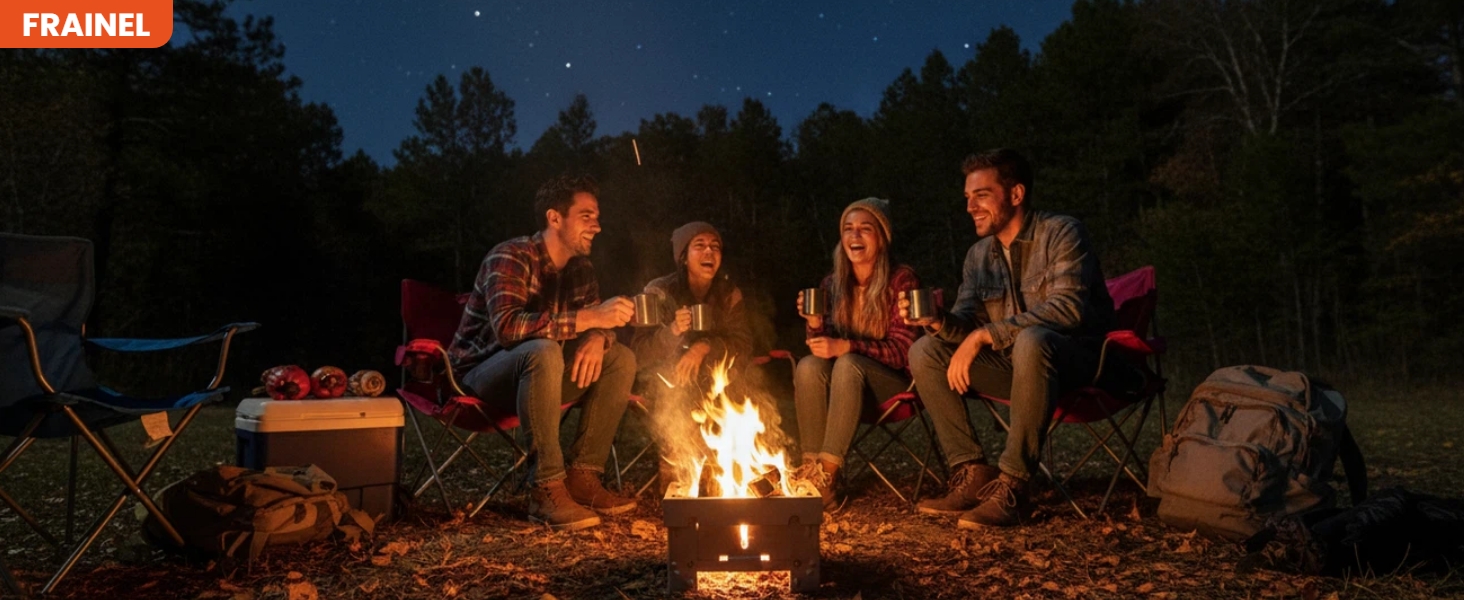 Group of campers enjoying a warm fire together under the night sky