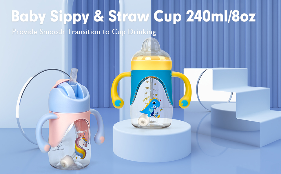 hahaland 2 in 1 Sippy Cup for Toddlers with Spout & Straw, Spill Proof