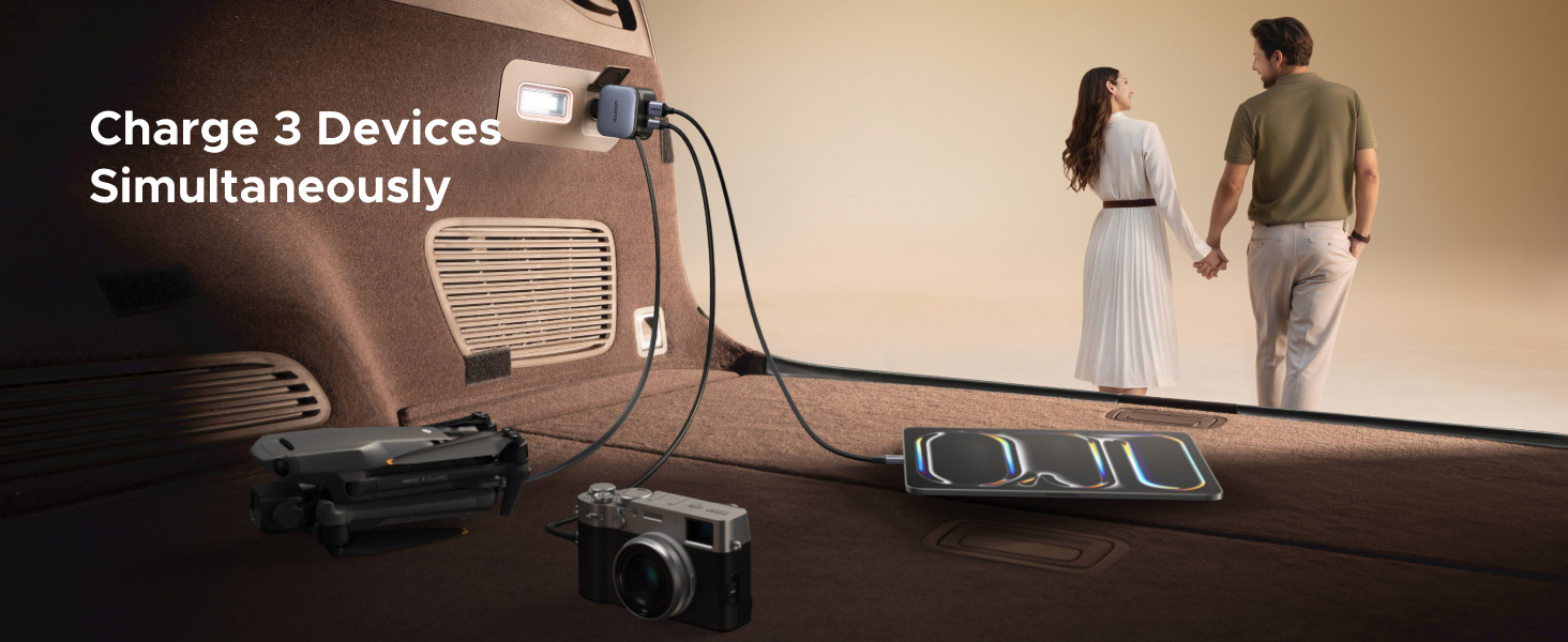 Text reads 'Charge 3 Devices Simultaneously'. Indoor scene showing charging station or dock with multiple device charging capability.