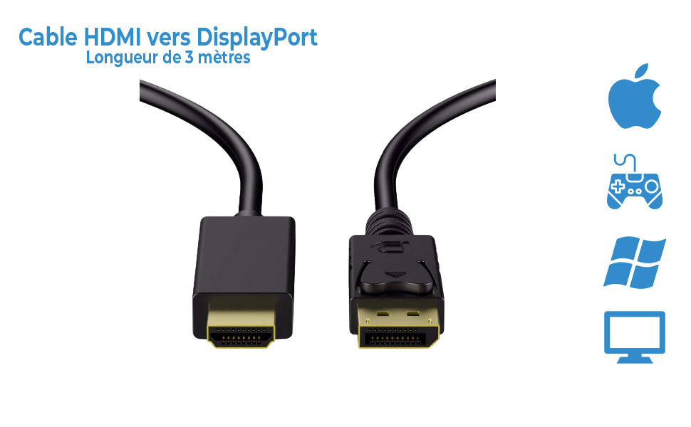 Smart2link Câble convertisseur DisplayPort vers HDMI, 1080P, compatible PC, Consoles, TV HD