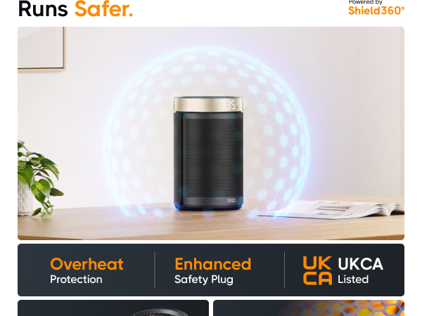 Black cylindrical electronic device with glowing blue halo effect, featuring overheat protection and enhanced safety features, UKCA certified.