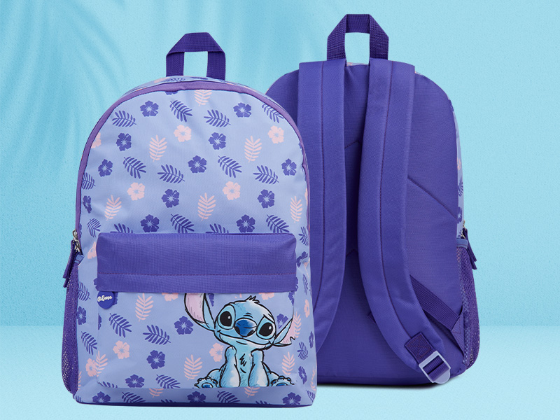 Purple backpack with Stitch character design, showing front and back views. Features floral pattern print and purple accent details.