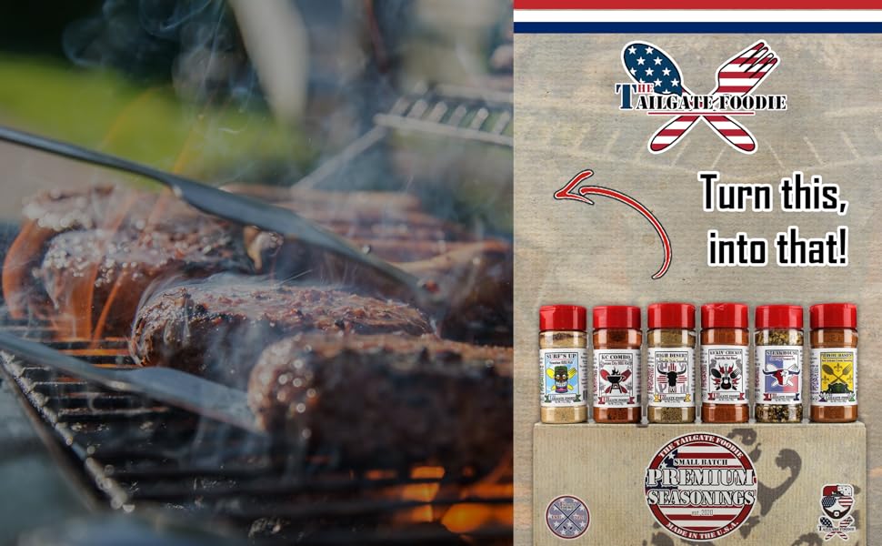 grilled burger on left, tailgate foodie merica gift pack on right