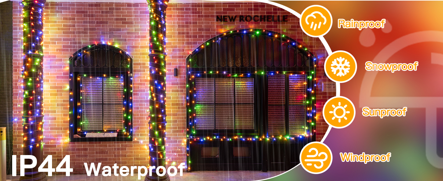 Text reads 'IP44 Waterproof'. Colorful string lights display with rating icons showing waterproof certification against purple-lit architectural background.