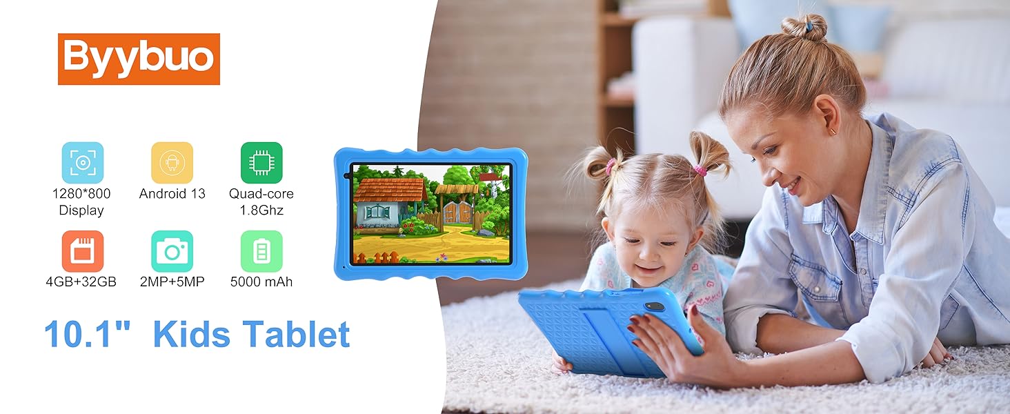 Byybuo 10.1-inch kids tablet advertisement showing device interface icons and an image of a tablet being used while lying on floor.