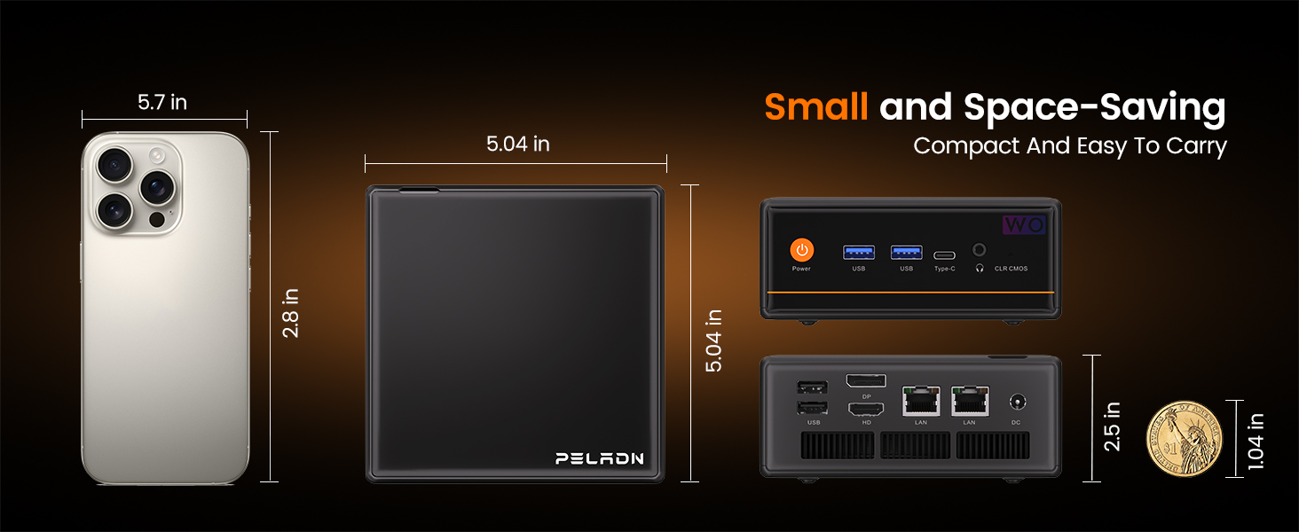 Comparación de tamaño de la mini PC Peladn WO4 con un iPhone y moneda