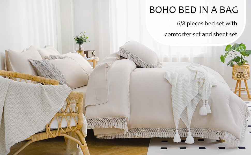 Beige Comforter Queen Bed in A Bag 8 Pieces, Boho Comforter Set with Sheets, Chic